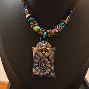 Boho Chic Handcrafted Faceted Bead Artisan Necklace w Dichroic Glass Pendant